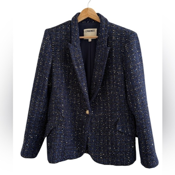 L'AGENCE Chamberlain Tweed Blazer in Dark Sequin Blue Size 12 - Picture 5 of 12